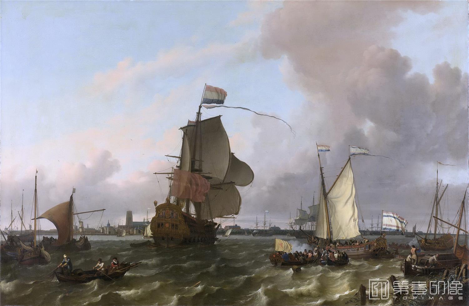油画-荷兰阿姆斯特丹国家美术馆-Bakhuysen Ludolf Het oorlogsschip ’Brielle’ op de Maas voor Rotterdam. 1689-0072